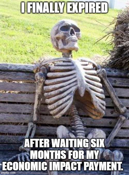 Waiting Skeleton Meme | I FINALLY EXPIRED; AFTER WAITING SIX MONTHS FOR MY ECONOMIC IMPACT PAYMENT. | image tagged in memes,waiting skeleton | made w/ Imgflip meme maker