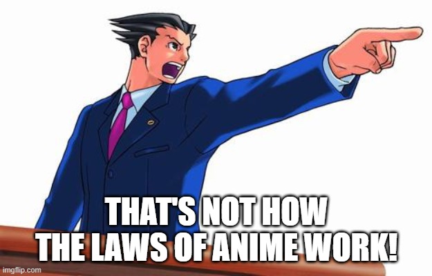 Phoenix Wright | THAT'S NOT HOW THE LAWS OF ANIME WORK! | image tagged in phoenix wright | made w/ Imgflip meme maker