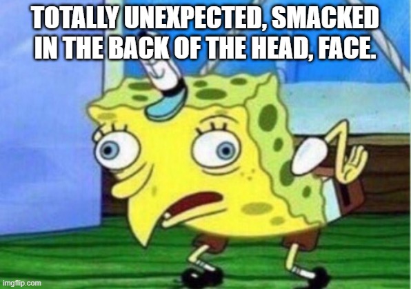 smacked | TOTALLY UNEXPECTED, SMACKED IN THE BACK OF THE HEAD, FACE. | image tagged in memes,mocking spongebob | made w/ Imgflip meme maker