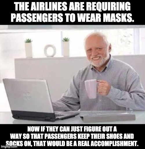 Rude behavior | THE AIRLINES ARE REQUIRING PASSENGERS TO WEAR MASKS. NOW IF THEY CAN JUST FIGURE OUT A WAY SO THAT PASSENGERS KEEP THEIR SHOES AND SOCKS ON, THAT WOULD BE A REAL ACCOMPLISHMENT. | image tagged in harold | made w/ Imgflip meme maker