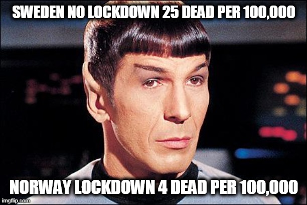 Condescending Spock | SWEDEN NO LOCKDOWN 25 DEAD PER 100,000 NORWAY LOCKDOWN 4 DEAD PER 100,000 | image tagged in condescending spock | made w/ Imgflip meme maker