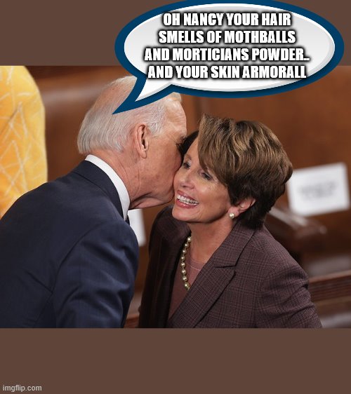 yep | OH NANCY YOUR HAIR SMELLS OF MOTHBALLS AND MORTICIANS POWDER.. AND YOUR SKIN ARMORALL | image tagged in nancy pelosi,joe biden,2020 elections,democrats | made w/ Imgflip meme maker