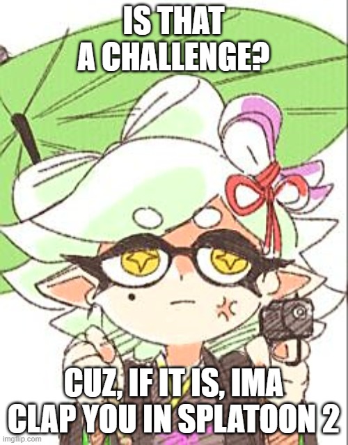 Marie with a gun | IS THAT A CHALLENGE? CUZ, IF IT IS, IMA CLAP YOU IN SPLATOON 2 | image tagged in marie with a gun | made w/ Imgflip meme maker