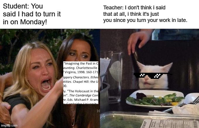 Ugh, School... | Student: You 
said I had to turn it 
in on Monday! Teacher: I don't think i said that at all, i think it's just you since you turn your work in late. | image tagged in memes,woman yelling at cat | made w/ Imgflip meme maker