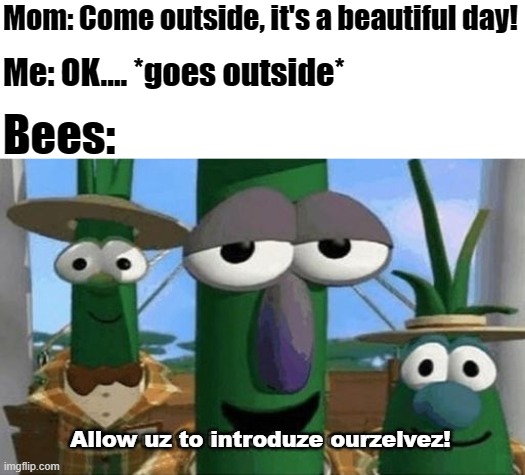 Bees always stop me from enjoying a nice day >:( | Mom: Come outside, it's a beautiful day! Me: OK.... *goes outside*; Bees:; Allow uz to introduze ourzelvez! | image tagged in allow us to introduce ourselves,memes,bee,bees,warm weather,warm | made w/ Imgflip meme maker