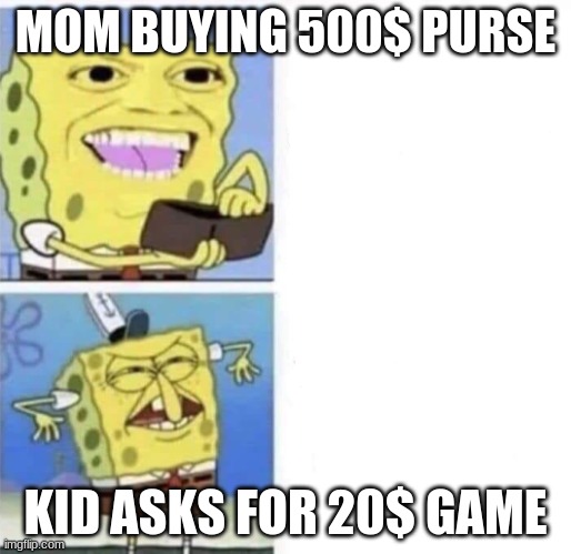 why | MOM BUYING 500$ PURSE; KID ASKS FOR 20$ GAME | image tagged in spongebob wallet | made w/ Imgflip meme maker