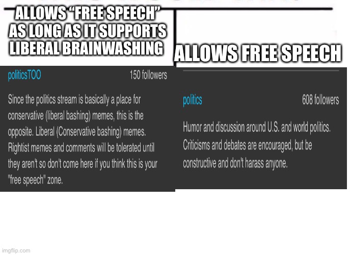 Know the Difference | ALLOWS FREE SPEECH; ALLOWS “FREE SPEECH” AS LONG AS IT SUPPORTS LIBERAL BRAINWASHING | image tagged in comparison table | made w/ Imgflip meme maker