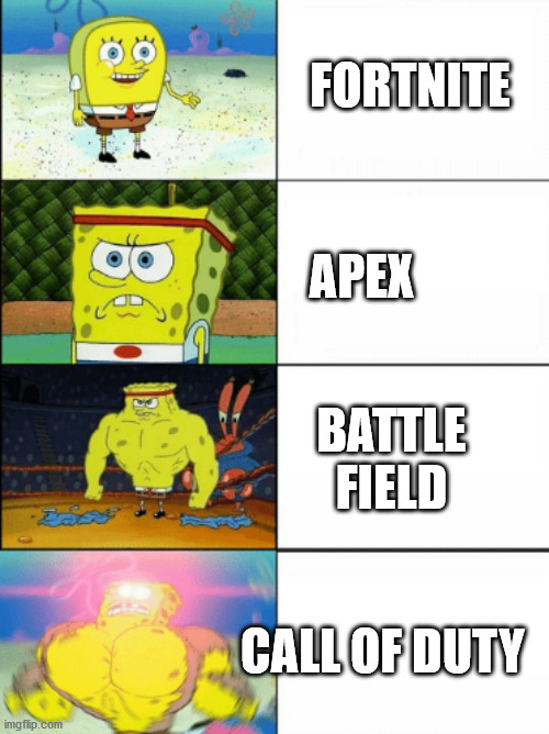 Spngebob Strong 4 Panels | FORTNITE; APEX; BATTLE
FIELD; CALL OF DUTY | image tagged in spngebob strong 4 panels | made w/ Imgflip meme maker