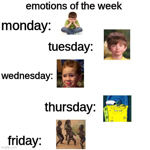 emotions of the week | emotions of the week; monday:; tuesday:; wednesday:; thursday:; friday: | image tagged in emotions,week days | made w/ Imgflip meme maker