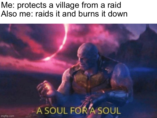 Raid logic | Me: protects a village from a raid
Also me: raids it and burns it down | image tagged in a soul for a soul | made w/ Imgflip meme maker