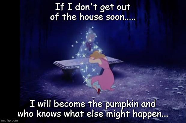 Cinderella Fairy Godmother | If I don't get out of the house soon..... I will become the pumpkin and who knows what else might happen... | image tagged in cinderella fairy godmother | made w/ Imgflip meme maker