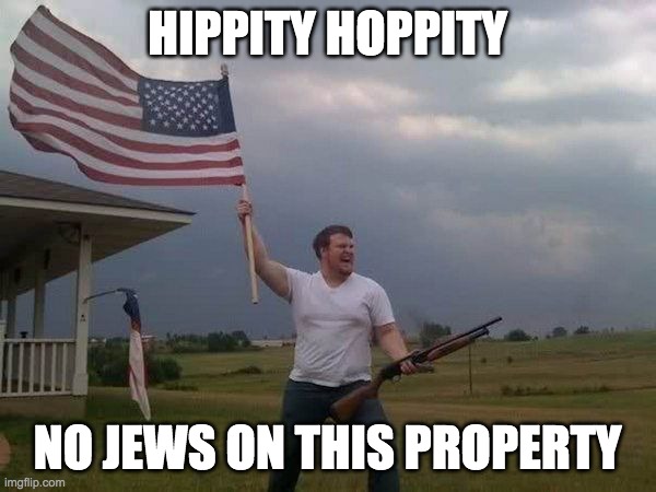 American flag shotgun guy | HIPPITY HOPPITY NO JEWS ON THIS PROPERTY | image tagged in american flag shotgun guy | made w/ Imgflip meme maker