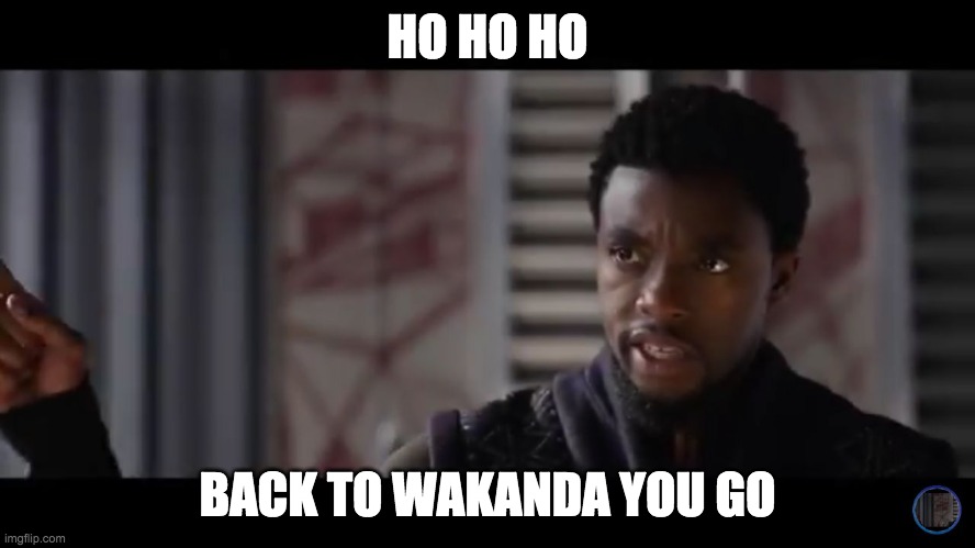 Black Panther - Get this man a shield | HO HO HO BACK TO WAKANDA YOU GO | image tagged in black panther - get this man a shield | made w/ Imgflip meme maker