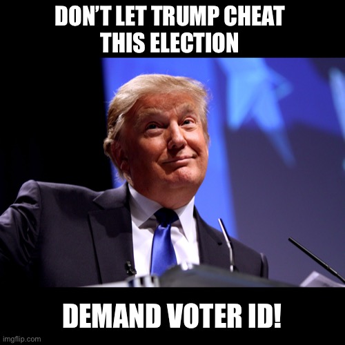 Got ya!  He he he... | DON’T LET TRUMP CHEAT 
THIS ELECTION; DEMAND VOTER ID! | image tagged in donald trump no2 | made w/ Imgflip meme maker