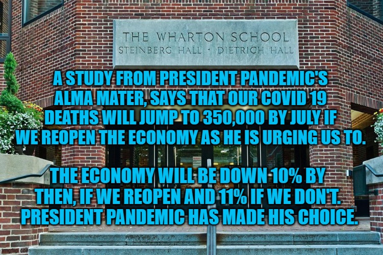 President Pandemic's Choice | A STUDY FROM PRESIDENT PANDEMIC'S ALMA MATER, SAYS THAT OUR COVID 19 DEATHS WILL JUMP TO 350,000 BY JULY IF WE REOPEN THE ECONOMY AS HE IS URGING US TO. THE ECONOMY WILL BE DOWN 10% BY THEN, IF WE REOPEN AND 11% IF WE DON'T.  PRESIDENT PANDEMIC HAS MADE HIS CHOICE. | image tagged in politics | made w/ Imgflip meme maker