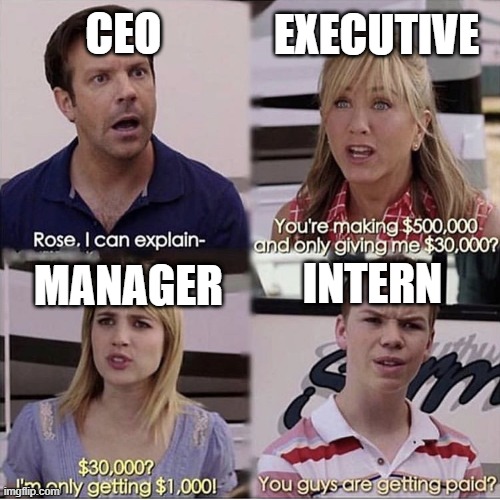 You guys are getting paid? | CEO; EXECUTIVE; INTERN; MANAGER | image tagged in you guys are getting paid | made w/ Imgflip meme maker