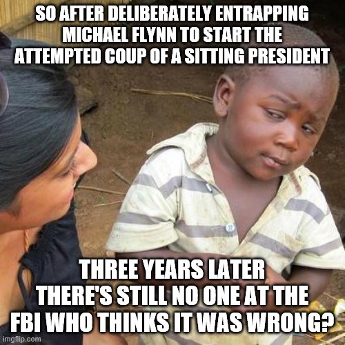 Third World Skeptical Kid Meme | SO AFTER DELIBERATELY ENTRAPPING MICHAEL FLYNN TO START THE ATTEMPTED COUP OF A SITTING PRESIDENT; THREE YEARS LATER THERE'S STILL NO ONE AT THE FBI WHO THINKS IT WAS WRONG? | image tagged in memes,third world skeptical kid | made w/ Imgflip meme maker