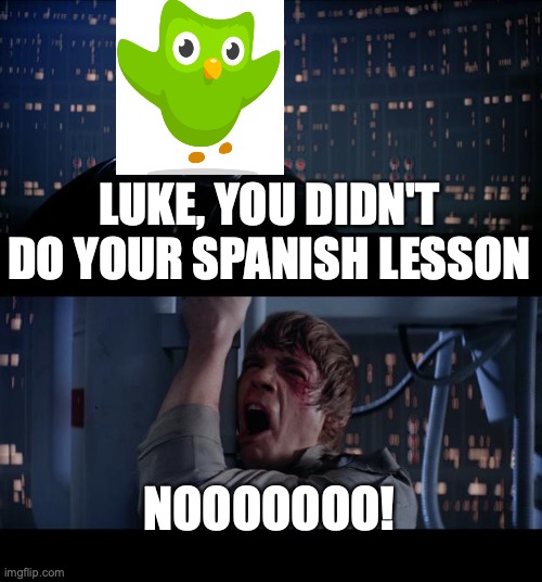 May the 4th be with you! | LUKE, YOU DIDN'T DO YOUR SPANISH LESSON; NOOOOOOO! | image tagged in memes,star wars no | made w/ Imgflip meme maker