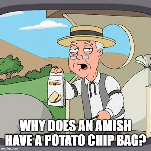Pepperidge Farm Remembers | WHY DOES AN AMISH HAVE A POTATO CHIP BAG? | image tagged in memes,pepperidge farm remembers | made w/ Imgflip meme maker