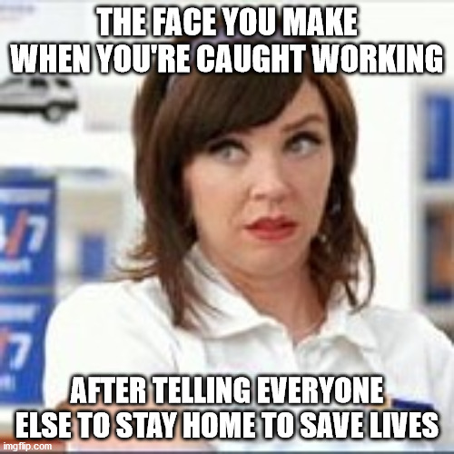 GEICO | THE FACE YOU MAKE WHEN YOU'RE CAUGHT WORKING; AFTER TELLING EVERYONE ELSE TO STAY HOME TO SAVE LIVES | image tagged in geico | made w/ Imgflip meme maker