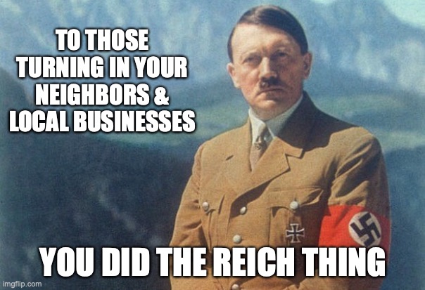 Snitches | TO THOSE TURNING IN YOUR NEIGHBORS & LOCAL BUSINESSES; YOU DID THE REICH THING | image tagged in hitler | made w/ Imgflip meme maker