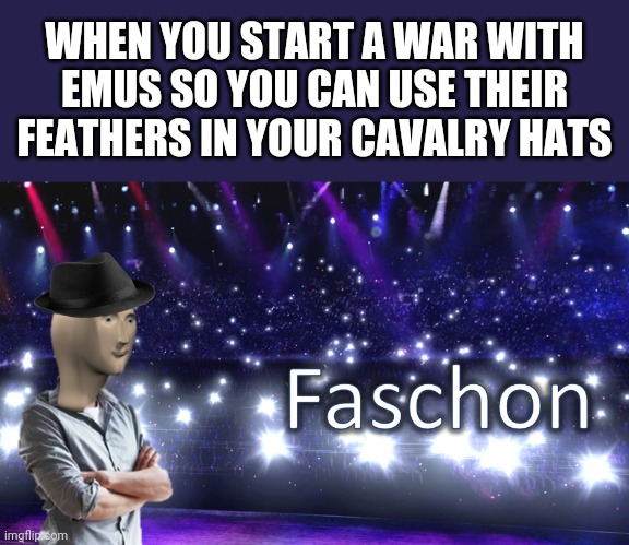 Great emu war fashion | WHEN YOU START A WAR WITH EMUS SO YOU CAN USE THEIR FEATHERS IN YOUR CAVALRY HATS | image tagged in meme man fashion,fashion,history,emu,memes | made w/ Imgflip meme maker