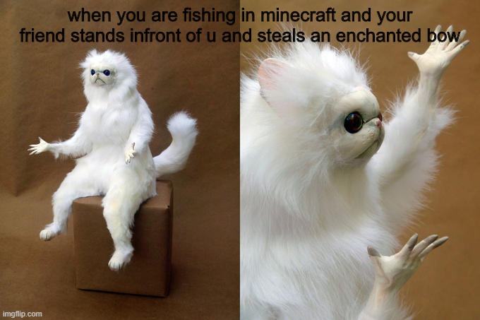 minecraft | when you are fishing in minecraft and your friend stands infront of u and steals an enchanted bow | image tagged in memes,persian cat room guardian | made w/ Imgflip meme maker