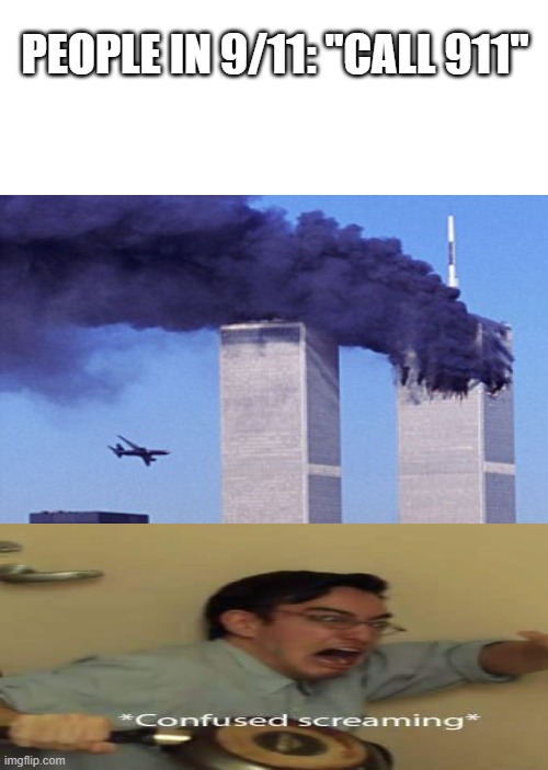 confused screaming | PEOPLE IN 9/11: "CALL 911" | image tagged in twin towers,confused screaming,911 9/11 twin towers impact | made w/ Imgflip meme maker