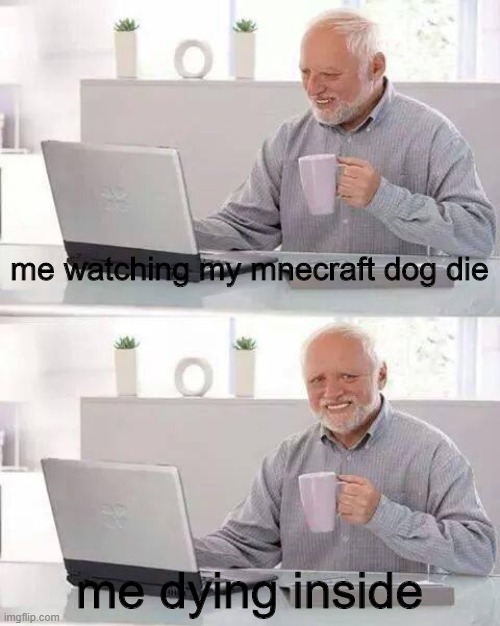 minecraft | me watching my mnecraft dog die; me dying inside | image tagged in memes,hide the pain harold | made w/ Imgflip meme maker