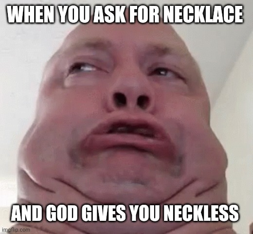 You want a neckless? | WHEN YOU ASK FOR NECKLACE; AND GOD GIVES YOU NECKLESS | image tagged in yo,memes,lol,no neck,fat,lol so funny | made w/ Imgflip meme maker