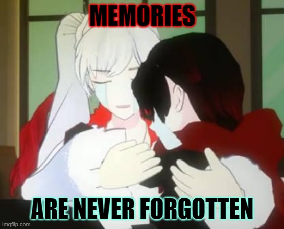 RWBY Ruby and Weiss crying | MEMORIES ARE NEVER FORGOTTEN | image tagged in rwby ruby and weiss crying | made w/ Imgflip meme maker
