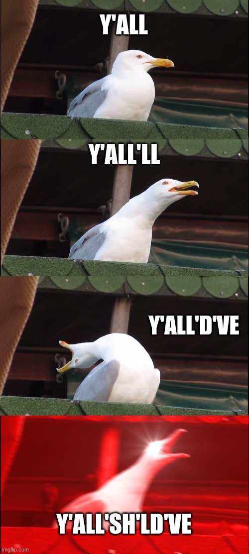 southerners | Y'ALL; Y'ALL'LL; Y'ALL'D'VE; Y'ALL'SH'LD'VE | image tagged in memes | made w/ Imgflip meme maker