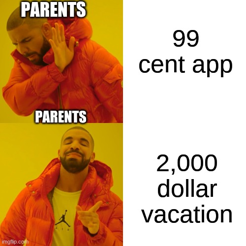 Drake Hotline Bling | PARENTS; 99 cent app; PARENTS; 2,000 dollar vacation | image tagged in memes,drake hotline bling | made w/ Imgflip meme maker