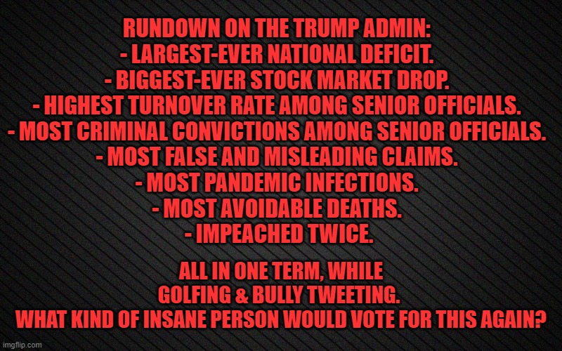 WHAT KIND OF INSANE PERSON WOULD VOTE FOR THIS AGAIN? | RUNDOWN ON THE TRUMP ADMIN: 

- LARGEST-EVER NATIONAL DEFICIT. 
- BIGGEST-EVER STOCK MARKET DROP. 
- HIGHEST TURNOVER RATE AMONG SENIOR OFFICIALS. 
- MOST CRIMINAL CONVICTIONS AMONG SENIOR OFFICIALS. 
- MOST FALSE AND MISLEADING CLAIMS. 
- MOST PANDEMIC INFECTIONS. 
- MOST AVOIDABLE DEATHS. 
- IMPEACHED TWICE. ALL IN ONE TERM, WHILE GOLFING & BULLY TWEETING. 

WHAT KIND OF INSANE PERSON WOULD VOTE FOR THIS AGAIN? | image tagged in donald trump,election 2020 | made w/ Imgflip meme maker