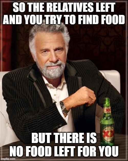 Food | SO THE RELATIVES LEFT AND YOU TRY TO FIND FOOD; BUT THERE IS NO FOOD LEFT FOR YOU | image tagged in memes,the most interesting man in the world | made w/ Imgflip meme maker