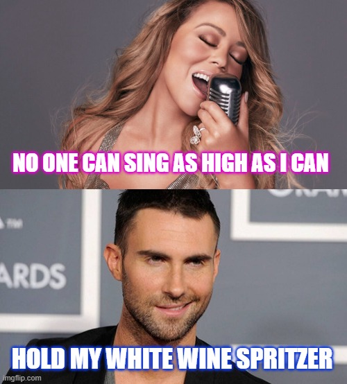 Cause he's so hiiigh, high above her... | NO ONE CAN SING AS HIGH AS I CAN; HOLD MY WHITE WINE SPRITZER | image tagged in music,singing,maroon 5,mariah carey,billboard,songs | made w/ Imgflip meme maker
