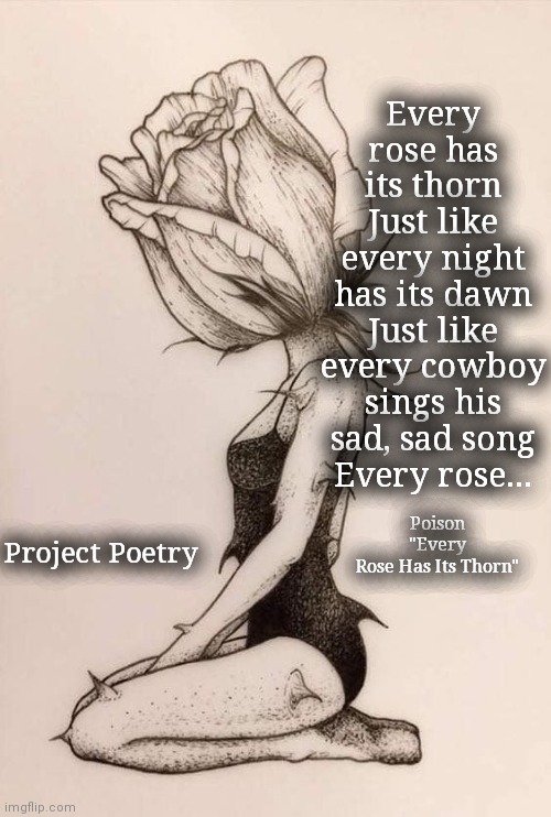 Project Poetry | Every rose has its thorn
Just like every night has its dawn
Just like every cowboy sings his sad, sad song
Every rose…; Poison
"Every Rose Has Its Thorn"; Project Poetry | image tagged in poison,poem,roses,project | made w/ Imgflip meme maker