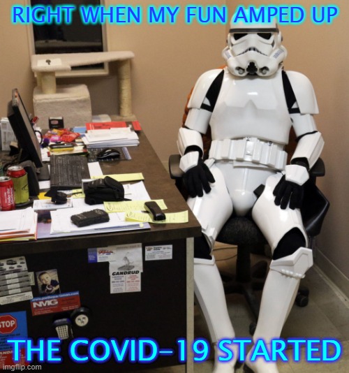 WorkFromHomeStormtrooper1 | RIGHT WHEN MY FUN AMPED UP; THE COVID-19 STARTED | image tagged in workfromhomestormtrooper1 | made w/ Imgflip meme maker