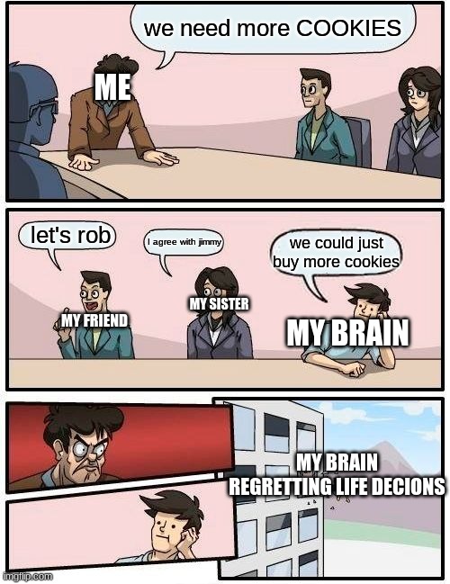 when I need more cookies | we need more COOKIES; ME; let's rob; I agree with jimmy; we could just buy more cookies; MY SISTER; MY FRIEND; MY BRAIN; MY BRAIN REGRETTING LIFE DECIONS | image tagged in memes,boardroom meeting suggestion | made w/ Imgflip meme maker