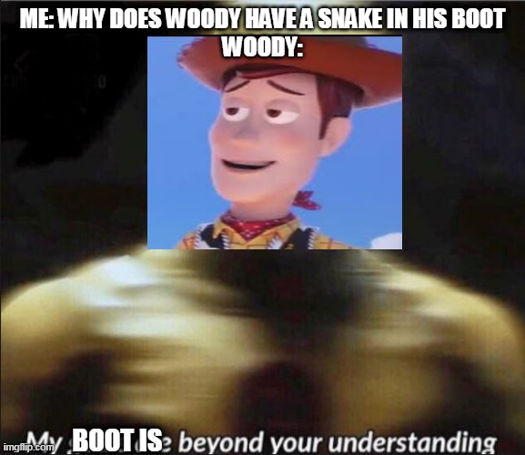 my goals are beyond your understanding | ME: WHY DOES WOODY HAVE A SNAKE IN HIS BOOT
WOODY:; BOOT IS | image tagged in my goals are beyond your understanding | made w/ Imgflip meme maker