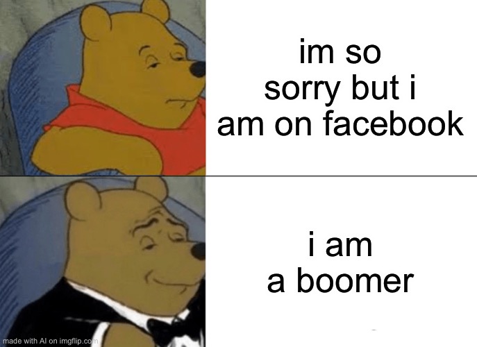 Tuxedo Winnie The Pooh Meme | im so sorry but i am on facebook; i am a boomer | image tagged in memes,tuxedo winnie the pooh | made w/ Imgflip meme maker