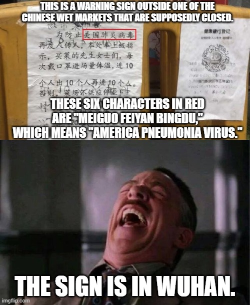 "America" pneumonia virus | THIS IS A WARNING SIGN OUTSIDE ONE OF THE CHINESE WET MARKETS THAT ARE SUPPOSEDLY CLOSED. THESE SIX CHARACTERS IN RED ARE "MEIGUO FEIYAN BINGDU," WHICH MEANS "AMERICA PNEUMONIA VIRUS."; THE SIGN IS IN WUHAN. | image tagged in coronavirus meme | made w/ Imgflip meme maker