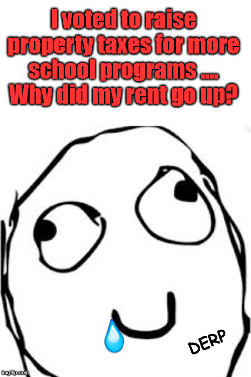 Sometimes people can not make the connection and then blame greedy property owners. | I voted to raise property taxes for more school programs .... Why did my rent go up? DERP | image tagged in memes,derp,let's raise their taxes,why did the chicken cross the road | made w/ Imgflip meme maker