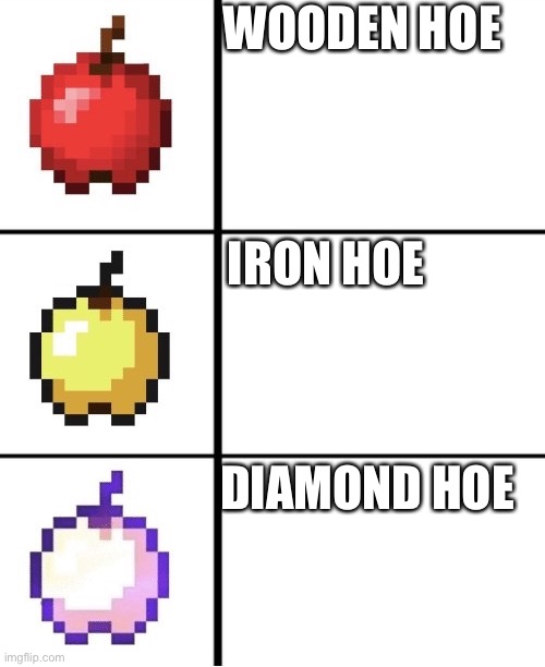 Minecraft apple format | WOODEN HOE; IRON HOE; DIAMOND HOE | image tagged in minecraft apple format | made w/ Imgflip meme maker