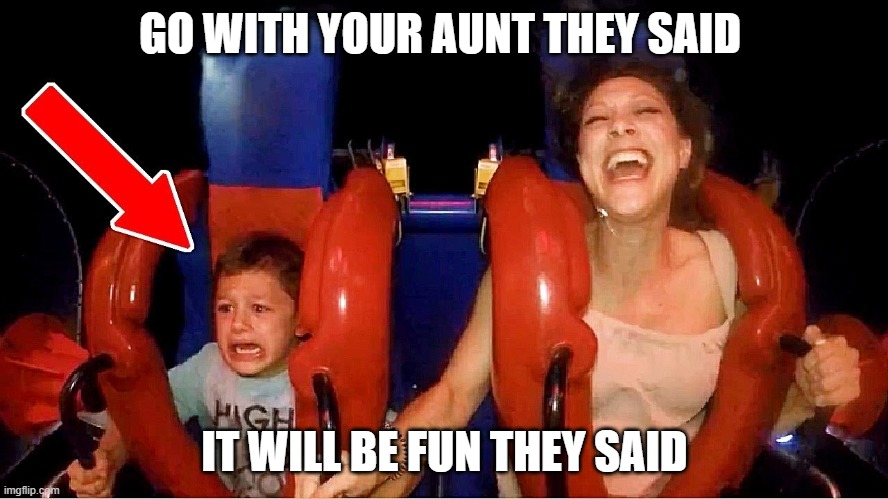 Aunt | GO WITH YOUR AUNT THEY SAID; IT WILL BE FUN THEY SAID | image tagged in aunt,kid,roller coaster | made w/ Imgflip meme maker