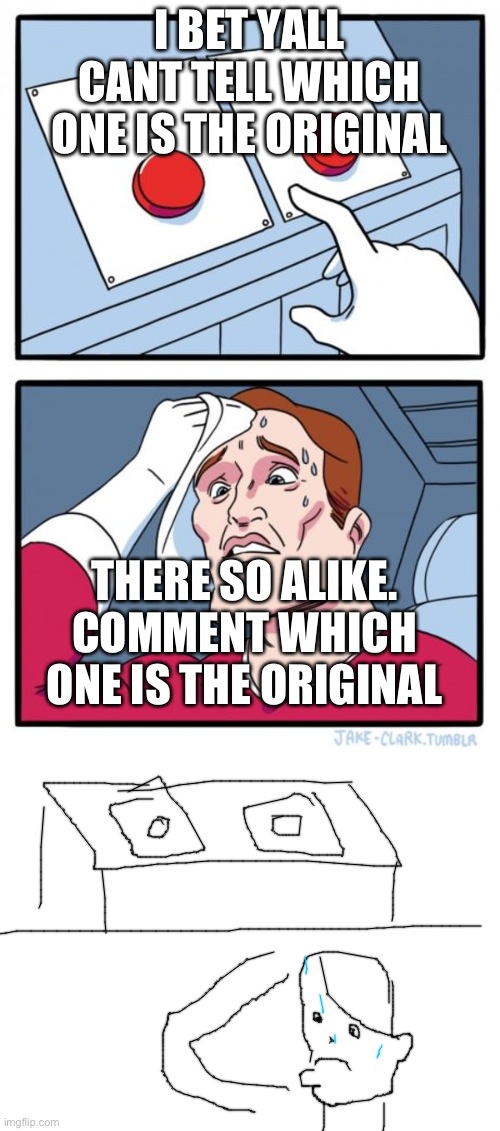 I BET YALL CANT TELL WHICH ONE IS THE ORIGINAL; THERE SO ALIKE. COMMENT WHICH ONE IS THE ORIGINAL | image tagged in blank white template,memes,two buttons | made w/ Imgflip meme maker