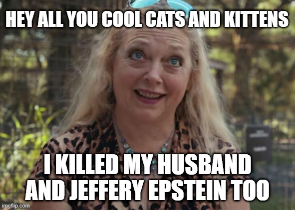 Carole Baskin explains all | HEY ALL YOU COOL CATS AND KITTENS; I KILLED MY HUSBAND AND JEFFERY EPSTEIN TOO | image tagged in funny memes,funny cats,fun | made w/ Imgflip meme maker