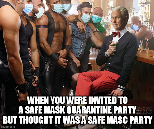 Safe Masc Party | WHEN YOU WERE INVITED TO A SAFE MASK QUARANTINE PARTY BUT THOUGHT IT WAS A SAFE MASC PARTY | image tagged in mike pence,pence,coronavirus,covid-19,lgbtq,masks | made w/ Imgflip meme maker