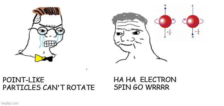 Electron spin go wrrr |  HA HA  ELECTRON SPIN GO WRRRR; POINT-LIKE PARTICLES CAN'T ROTATE | image tagged in quantum physics,spin,electrons | made w/ Imgflip meme maker