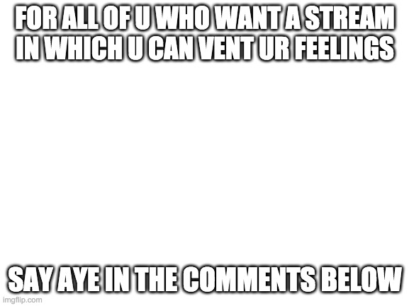 i will do this one i get 15 ayes | FOR ALL OF U WHO WANT A STREAM IN WHICH U CAN VENT UR FEELINGS; SAY AYE IN THE COMMENTS BELOW | image tagged in blank white template | made w/ Imgflip meme maker